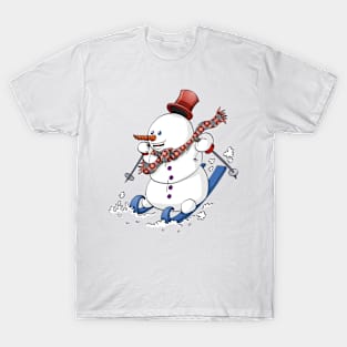 A snowman on skies with a red hat T-Shirt